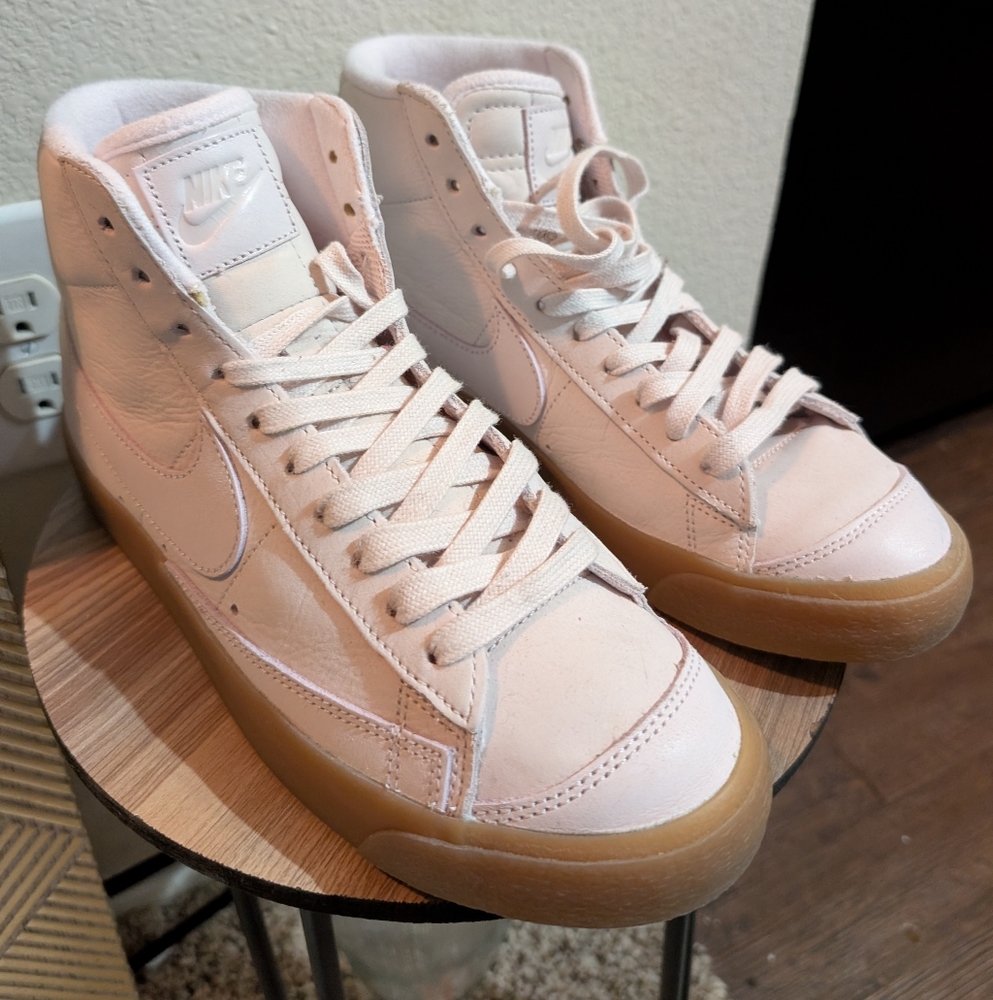 Nike Blazers High-Top Sneakers in Pale Pink and Brown Bubblegum Sole - Size 10
